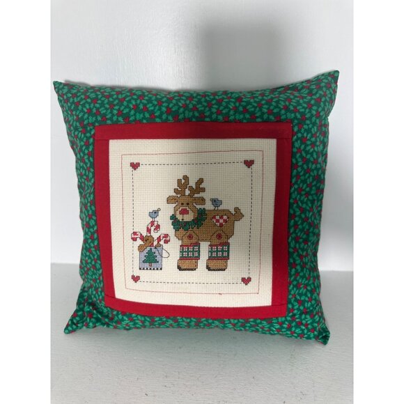 Handmade Cross Stitch Reindeer Christmas Pillow With Red & Green Holly Design 12 - Picture 2 of 7